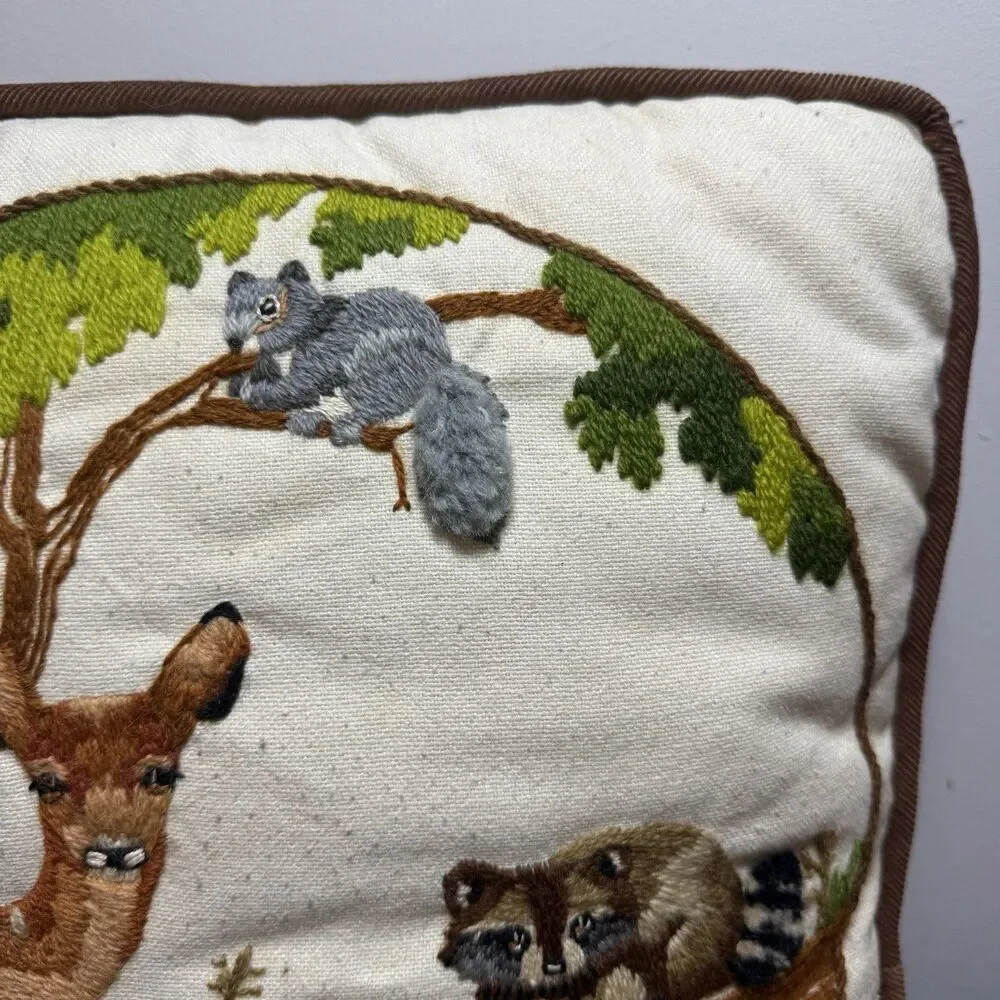 Vtg 70s Sunset Crewel Woodland Animal Throw Pillow Brown Corduroy Back Owl Fawn